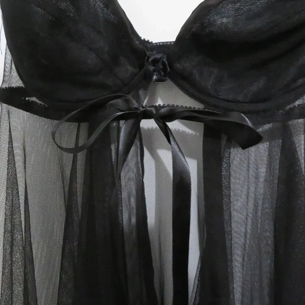 Victoria's Secret Women Sz 34B Black Vintage Y2K Sheer Open Front Flowy Nightie